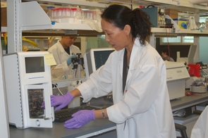 Research scientist Jianing Yang uses the in-house designed and built DNA sample preparation and amplification instrument. Research scientist Jianing Yang uses the in-house designed and built DNA sample preparation and amplification instrument.